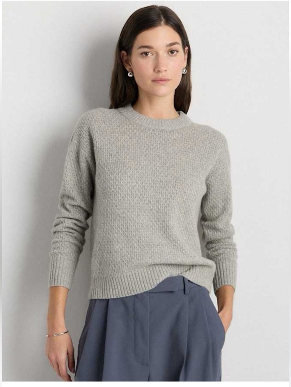 Quince Baby Alpaca-Wool Diamond Stitch Crewneck Sweater, Gray, Size Small